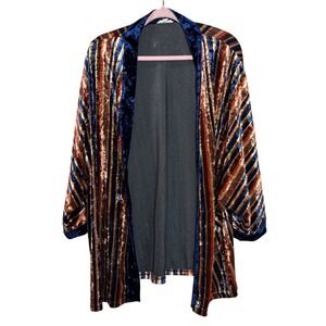 MAIN‎ STRIP Crushed Velvet Striped Kimono Jacket Cardigan Blue Gold Rich S